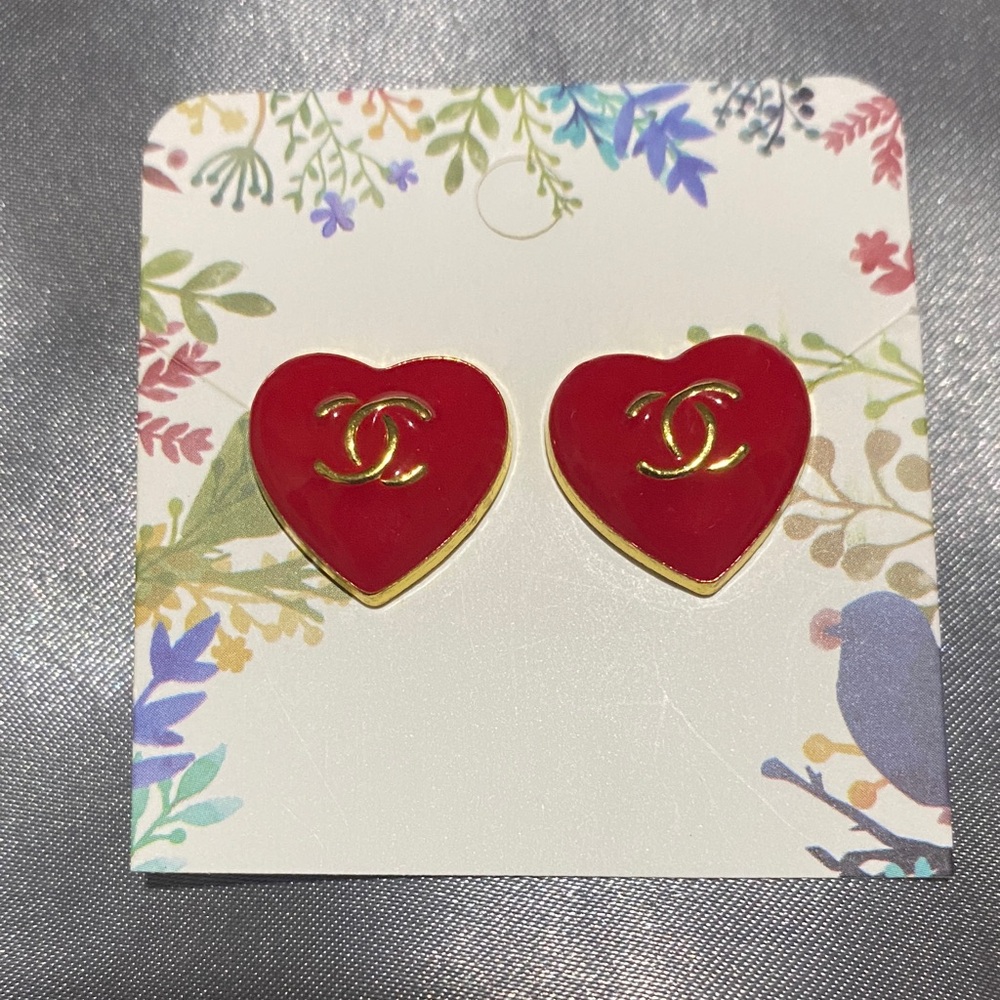CHANEL Heart Earrings in Red with LOGO